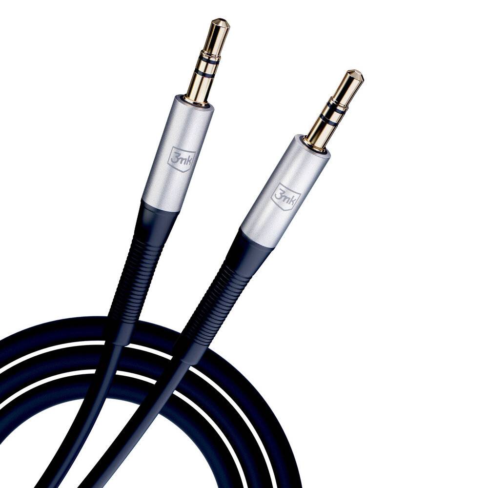 Zwei schwarze Audiokabel mit vergoldeten 3,5-mm-Steckern, aufgerollt auf weißem Hintergrund, zur Verbindung von Audiogeräten verwendet.
