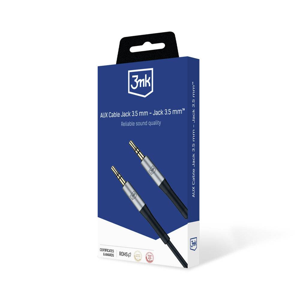 AUX-Kabel 3,5 mm Klinkenstecker Verpackung. Bietet zuverlässige Soundqualität und RoHS-Zertifizierung.