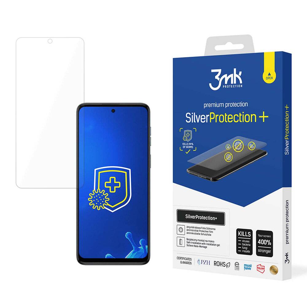 3mk SilverProtection+' Displayschutzfolie auf Verpackung mit einem Bild des aufgebrachten Schutzes auf einem Smartphone. Hebt die antibakterielle Eigenschaft hervor.