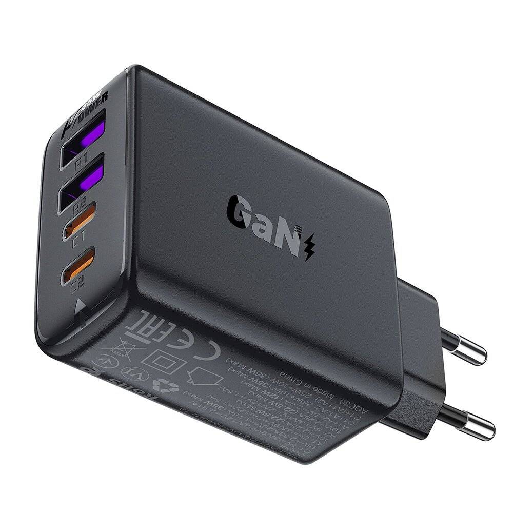 Acefast A61 PD 45W GaN-Ladegerät 2 x USB-C + USB-A 4 Anschlüssen – Schwarz