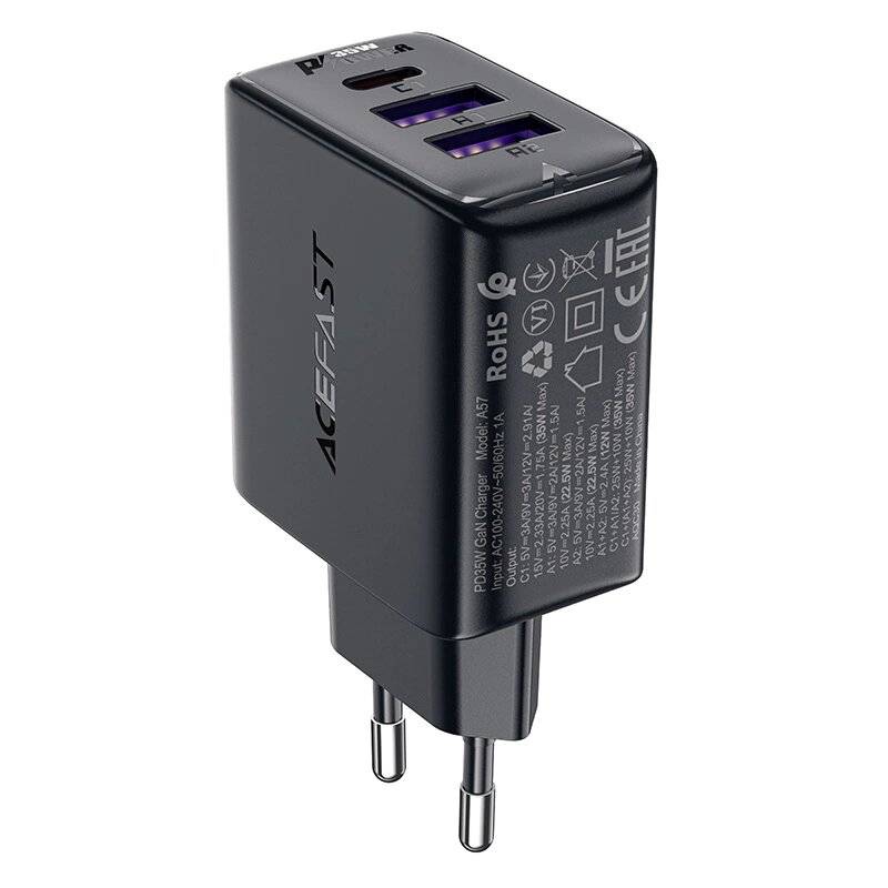 Acefast A57 PD 35W GaN-Ladegerät 2 x USB-A + USB-C 3 Anschlüssen – Schwarz
