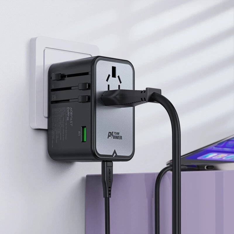 Acefast Z1 GaN 75W PD Reiseladeadapter 3x USB-C 2x USB-A - Schwarz