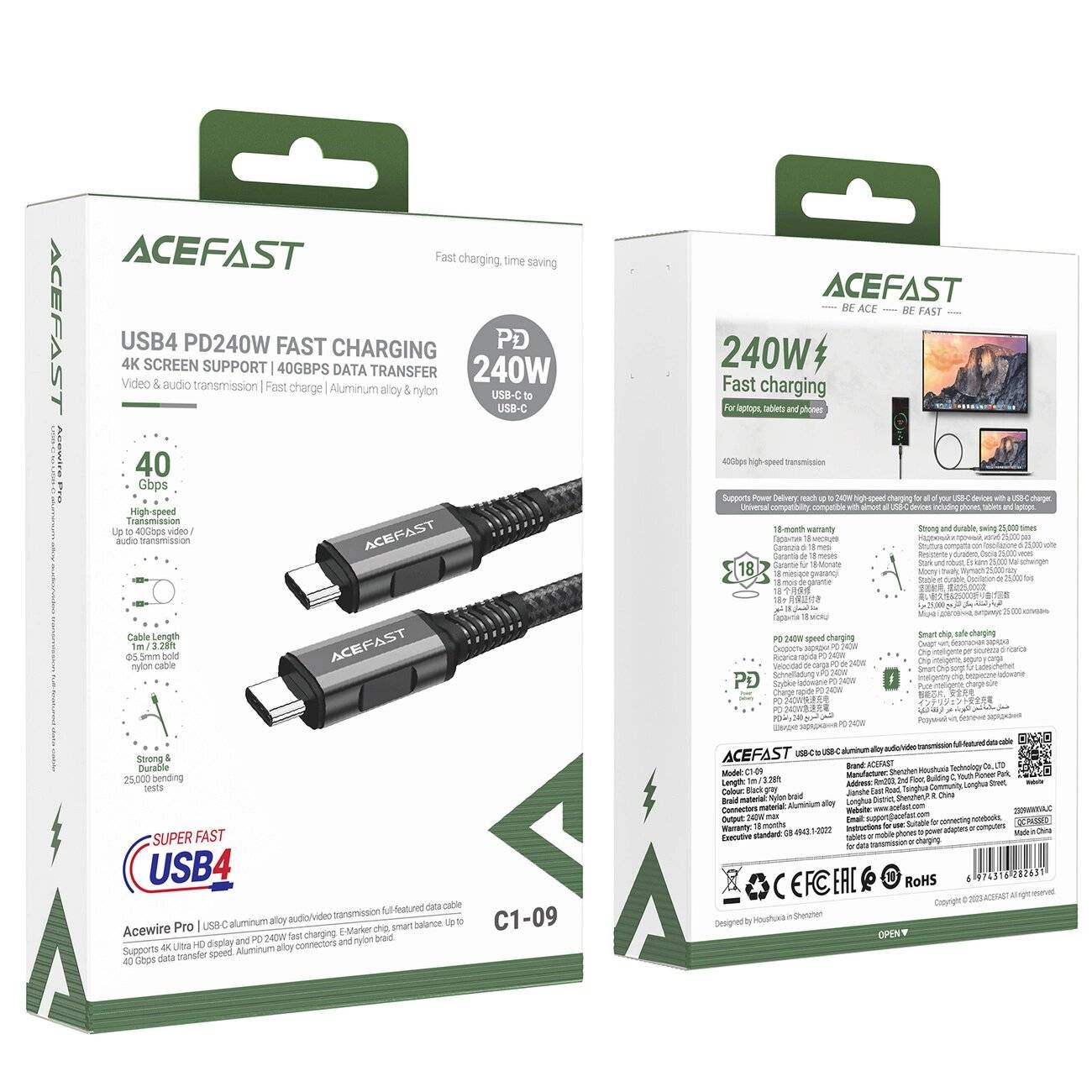 Acefast C1-09 USB-C / USB4 PD3.1 Kabel 5A 1m - grau-schwarz