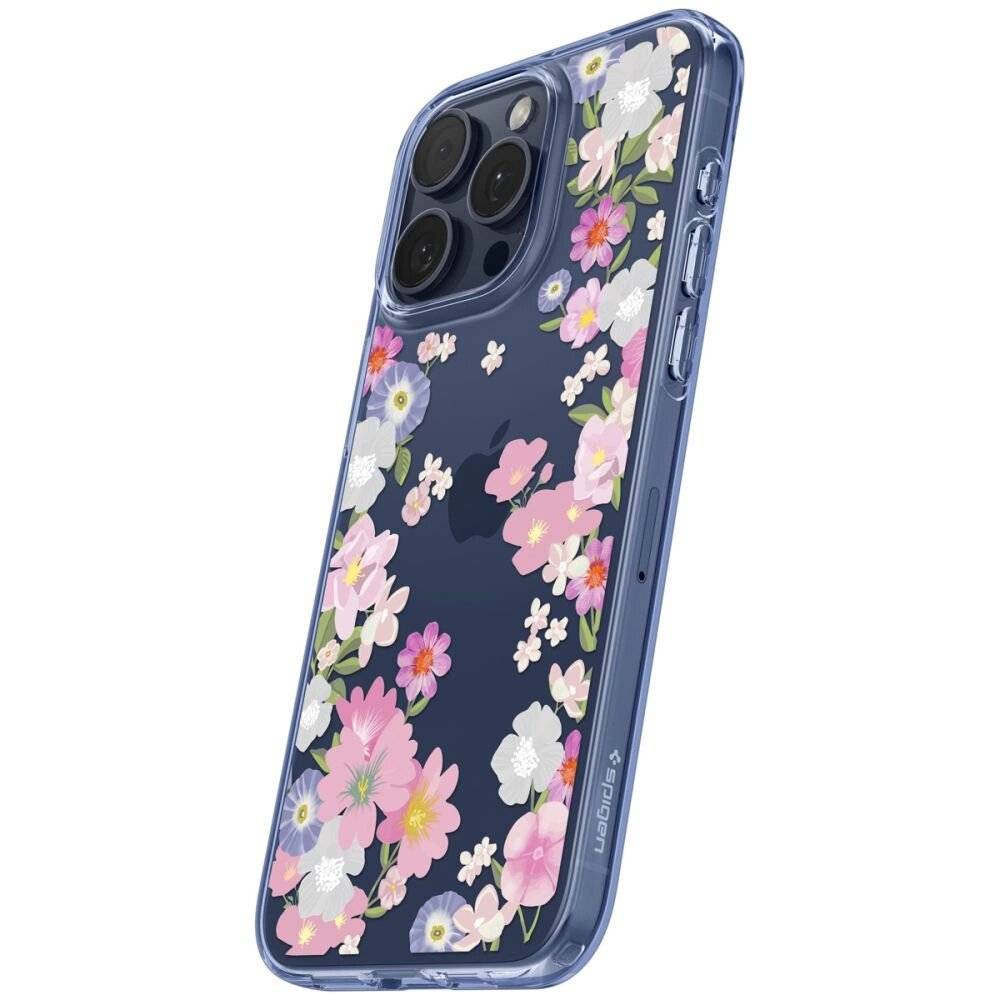 Spigen Liquid Crystal Hülle iPhone 15 Pro – rosa blaue Blumen