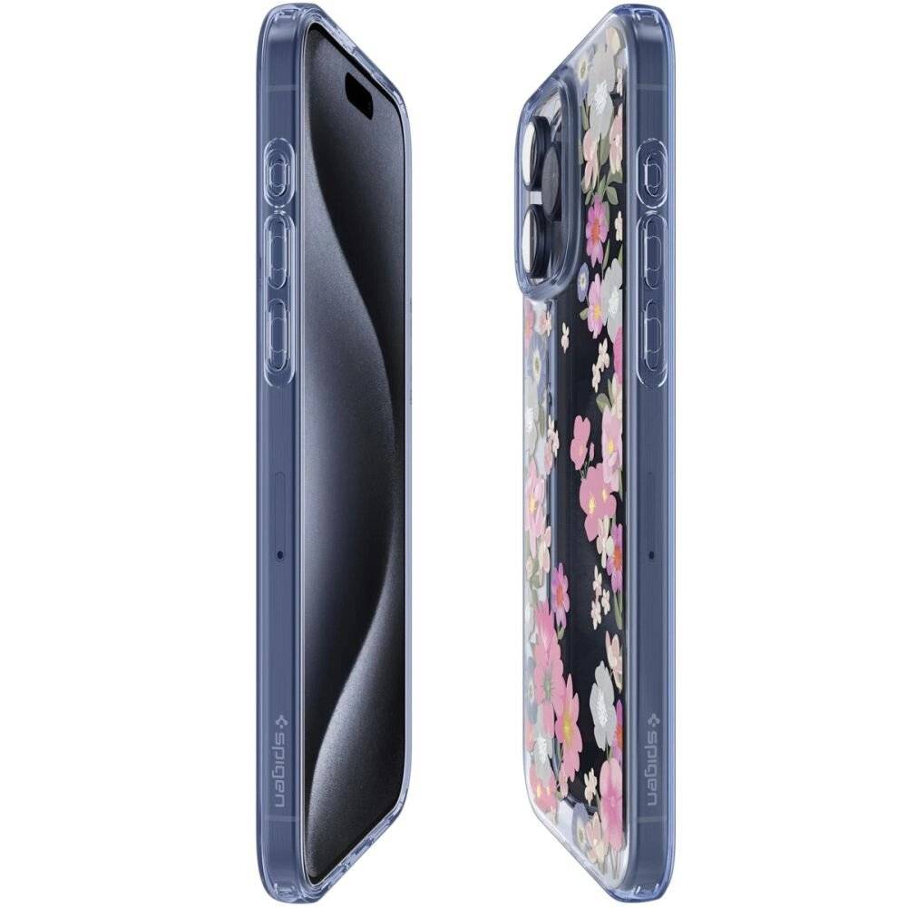 Spigen Liquid Crystal Hülle iPhone 15 Pro – rosa blaue Blumen