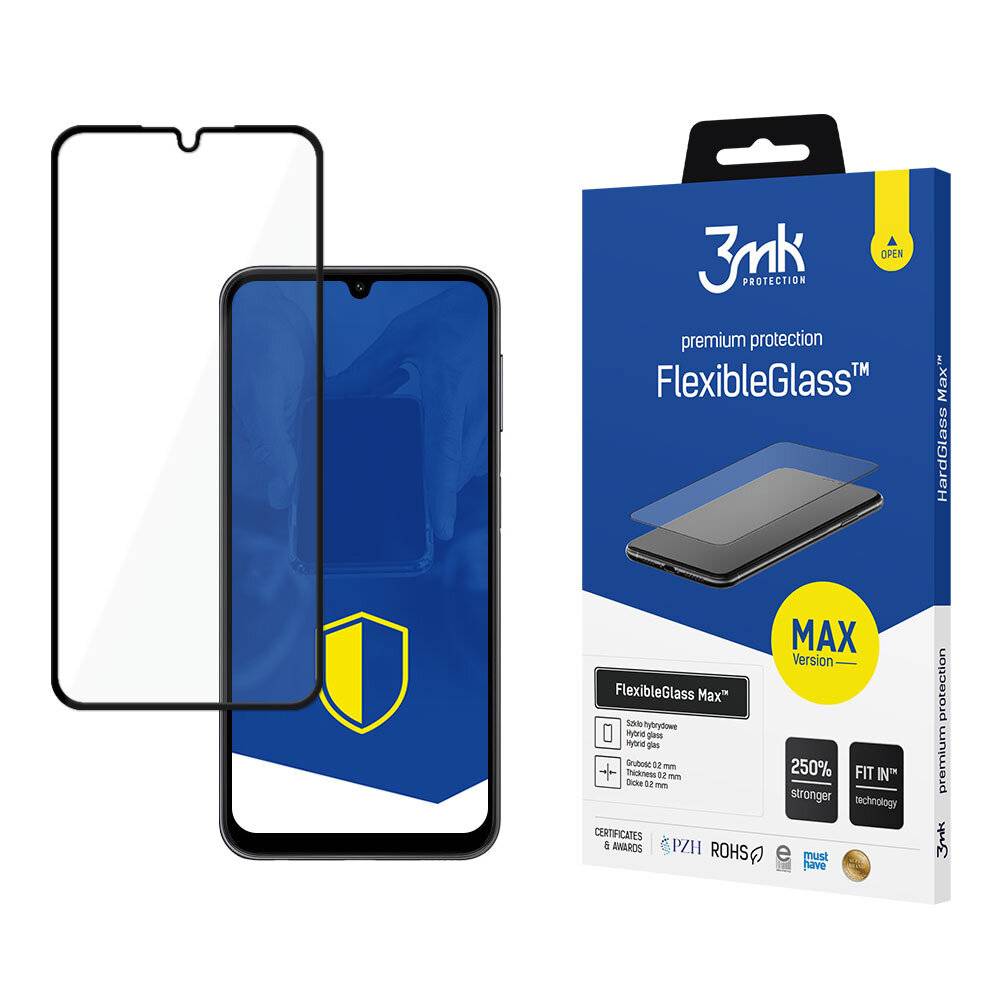Ein Smartphone mit einer Displayschutzfolie daneben, angezeigt neben einer Verpackung mit der Aufschrift „FlexibleGlass Max
