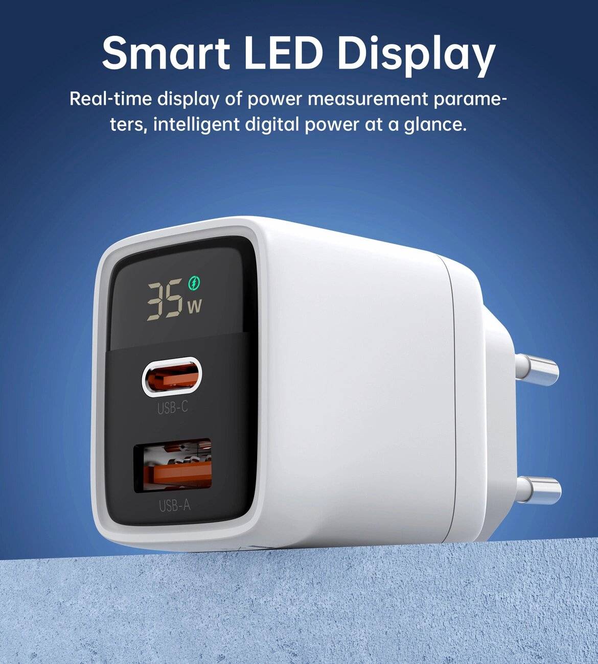 Choetech PD6052 USB-C USB-A PD 35W GaN Wandladegerät Display – Weiß