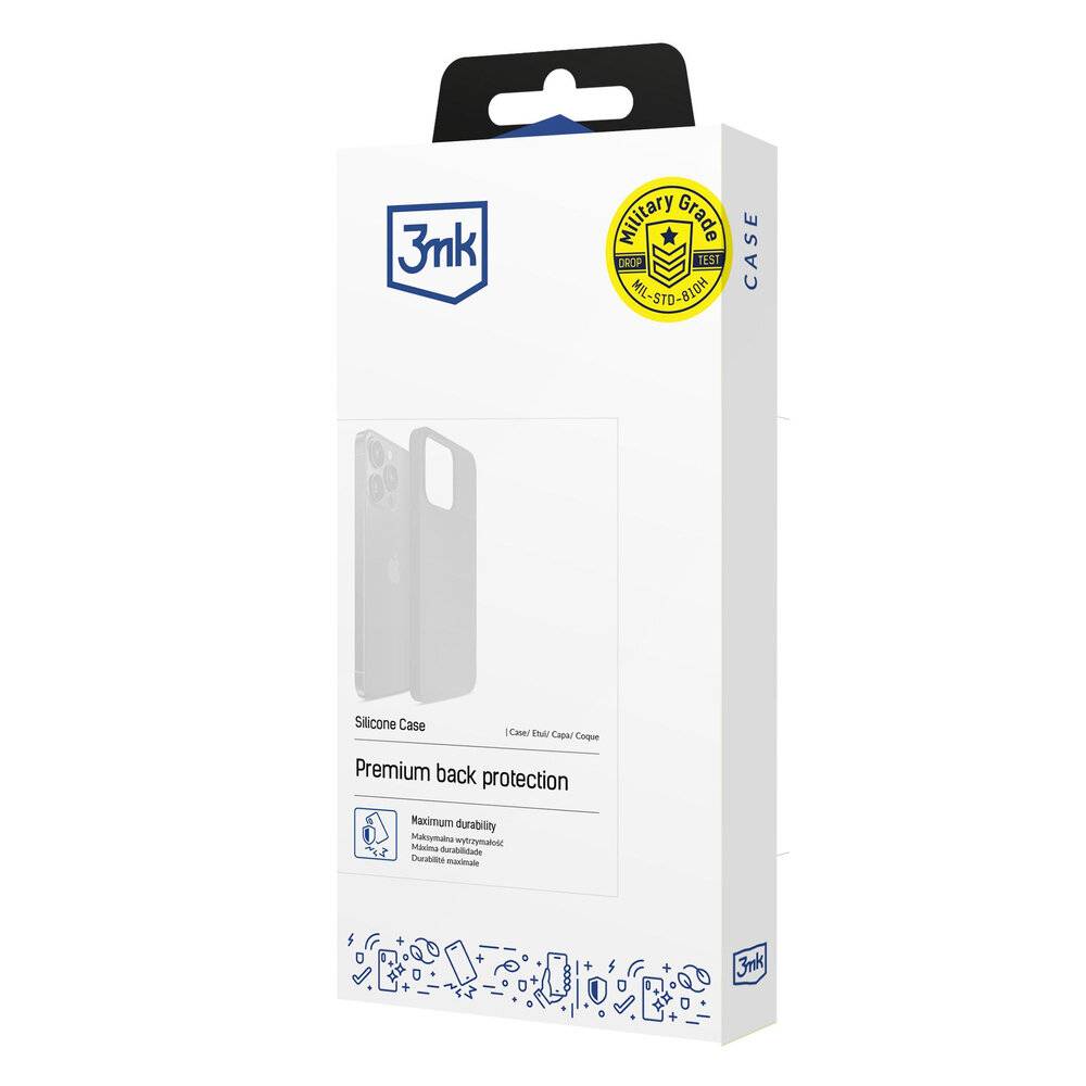 Verpackung zur Präsentation des '3mk Silikon Cases' zum Schutz eines Mobilgeräts, mit Betonung auf erstklassigen Rückenschutz und maximale Haltbarkeit.