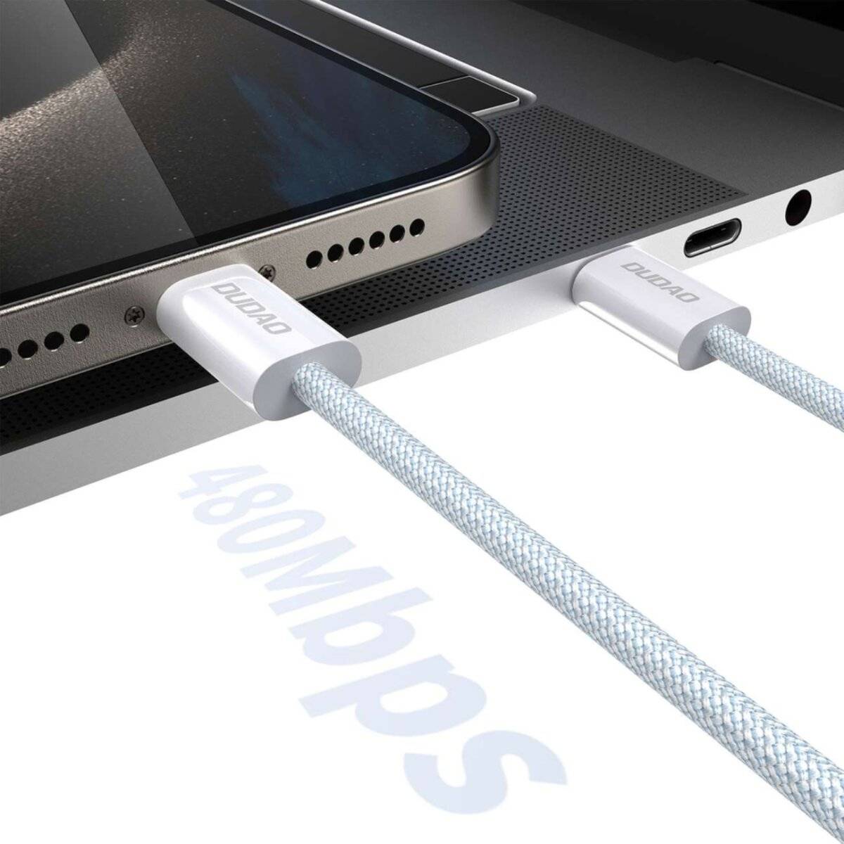 Zwei Geräte, die durch geflochtene Kabel mit der Bezeichnung '480 Mbps' verbunden sind, was auf eine hochgeschwindigte Datenübertragung hindeutet.