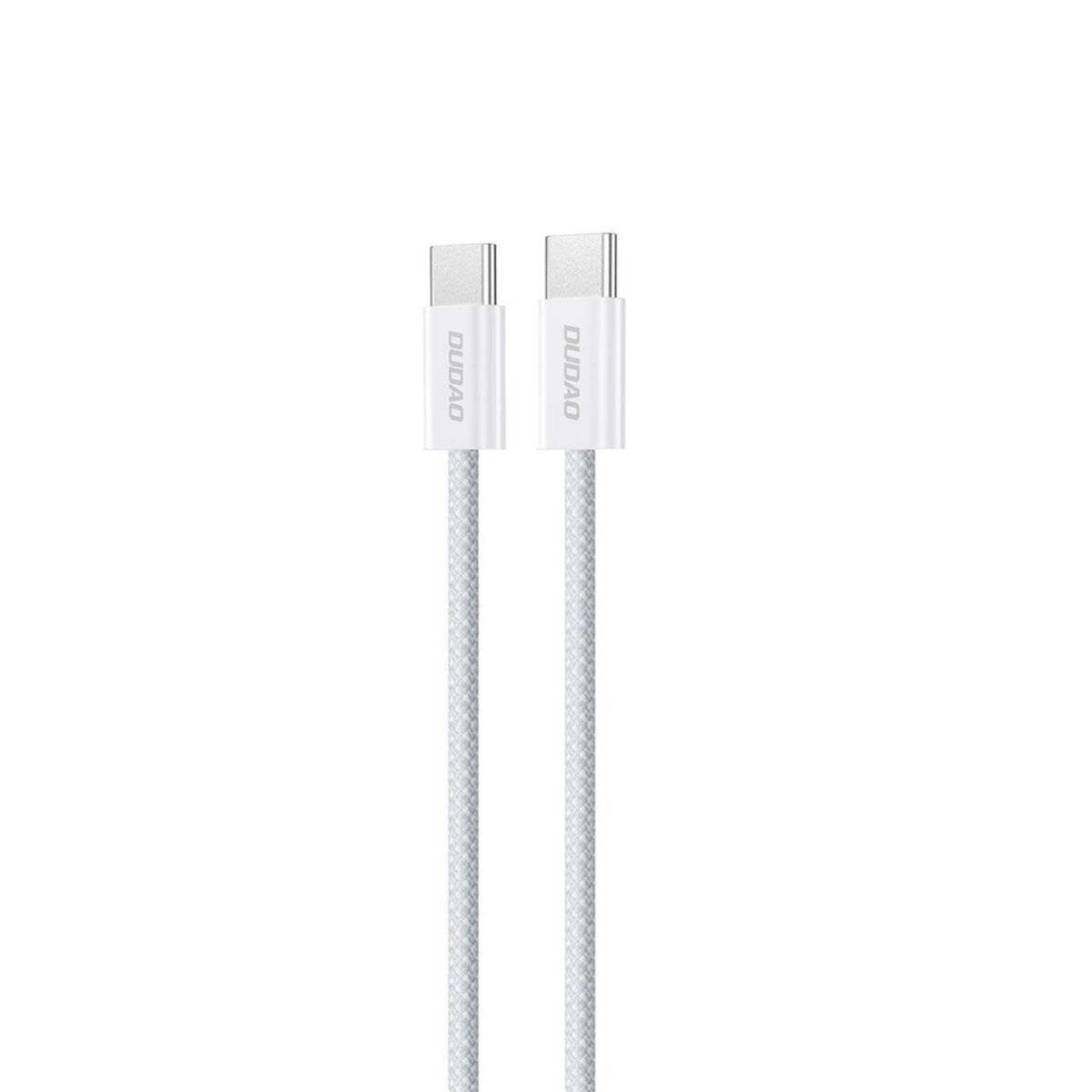 Ein weißes USB-C-Kabel mit verstärkten Anschlüssen, vor einem weißen Hintergrund präsentiert, wobei das strapazierfähige geflochtene Design zum Laden hervorgehoben wird.