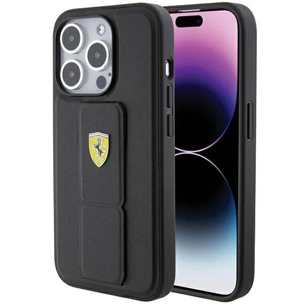 Ferrari Grip Stand Metall-Logo-Hülle iPhone 15 Pro – Schwarz