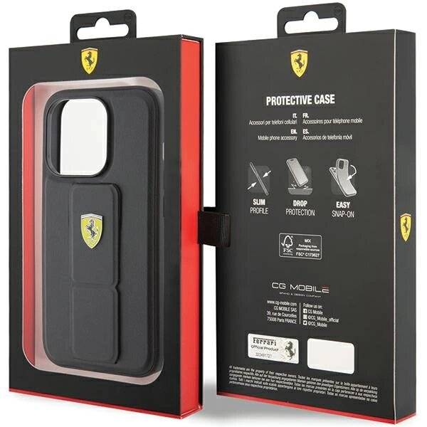 Ferrari Grip Stand Metall-Logo-Hülle iPhone 15 Pro – Schwarz