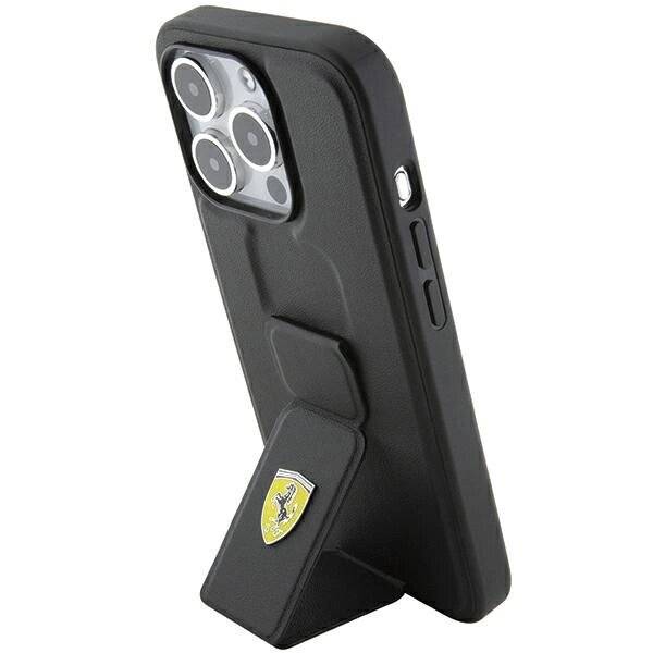 Ferrari Grip Stand Metall-Logo-Hülle iPhone 15 Pro – Schwarz