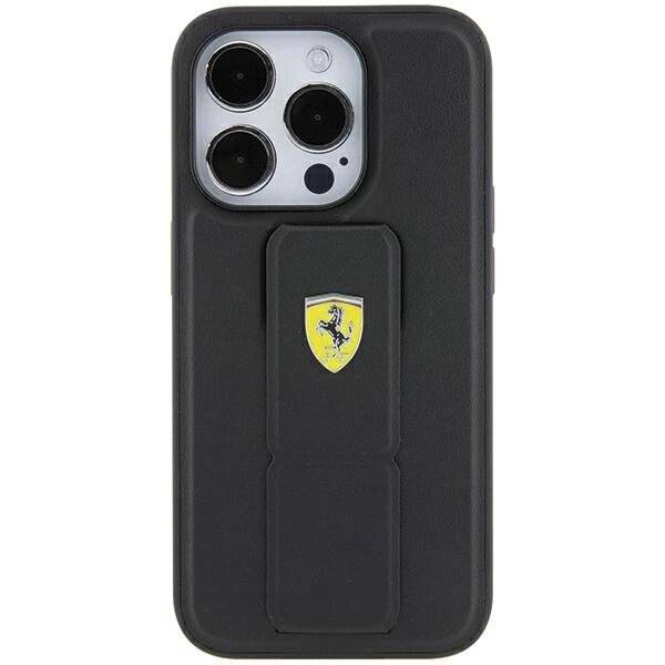 Ferrari Grip Stand Metall-Logo-Hülle iPhone 15 Pro – Schwarz