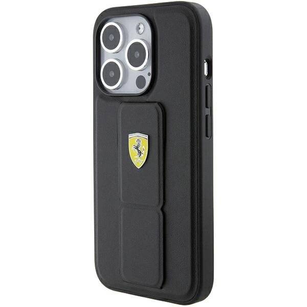Ferrari Grip Stand Metall-Logo-Hülle iPhone 15 Pro – Schwarz