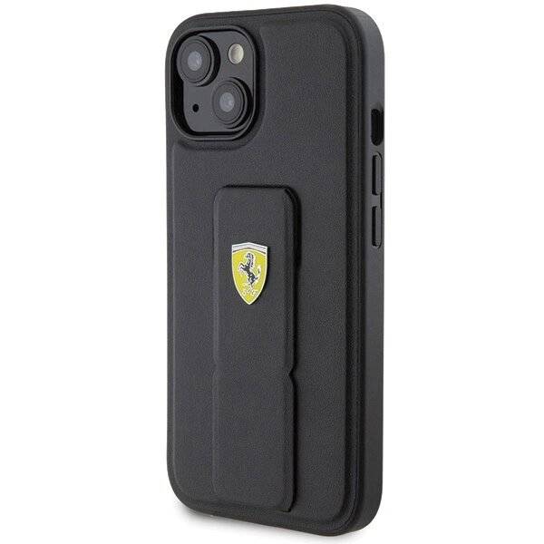 Ferrari Grip Stand Metall-Logo-Hülle iPhone 15 – Schwarz