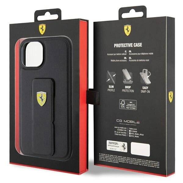 Ferrari Grip Stand Metall-Logo-Hülle iPhone 15 – Schwarz