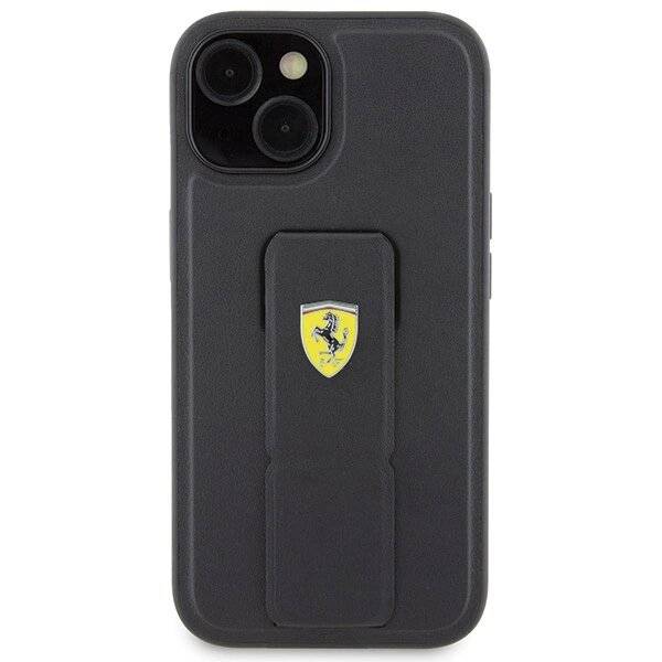 Ferrari Grip Stand Metall-Logo-Hülle iPhone 15 – Schwarz