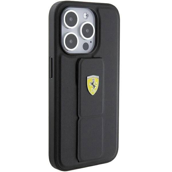 Ferrari Grip Stand Metall-Logo-Hülle iPhone 15 Pro Max – Schwarz