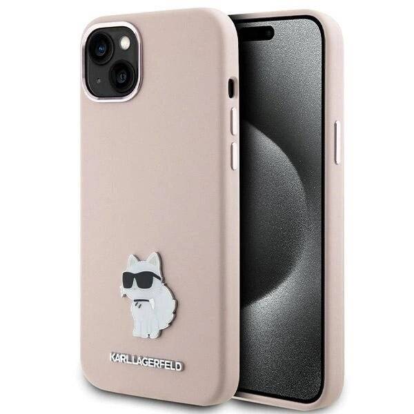 Karl Lagerfeld Silikon Choupette Metall Pin Hülle iPhone 15 Plus / 14 – Rosa
