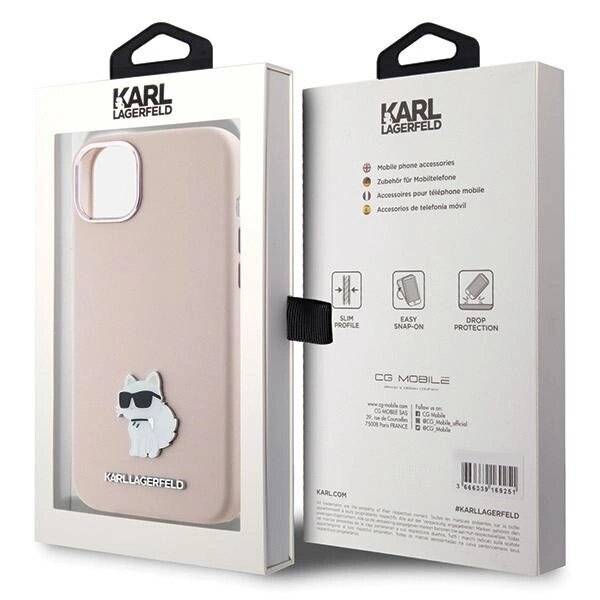 Karl Lagerfeld Silikon Choupette Metall Pin Hülle iPhone 15 Plus / 14 – Rosa