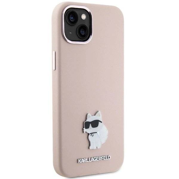 Karl Lagerfeld Silikon Choupette Metall Pin Hülle iPhone 15 Plus / 14 – Rosa
