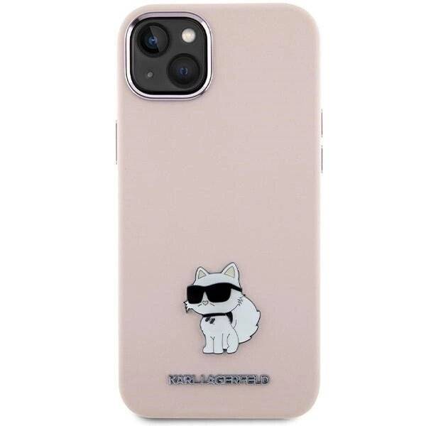 Karl Lagerfeld Silikon Choupette Metall Pin Hülle iPhone 15 Plus / 14 – Rosa