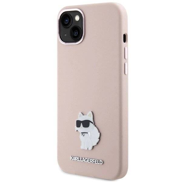 Karl Lagerfeld Silikon Choupette Metall Pin Hülle iPhone 15 Plus / 14 – Rosa