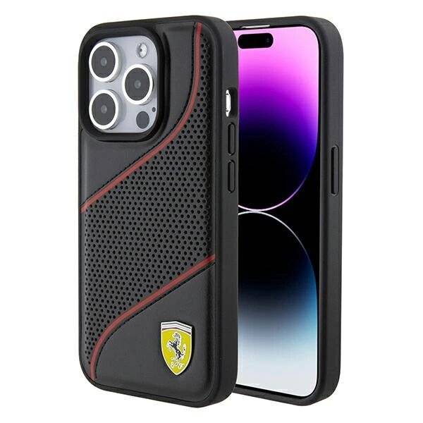 Ferrari Perforated Waves Metal Logo Hülle iPhone 15 Pro – Schwarz