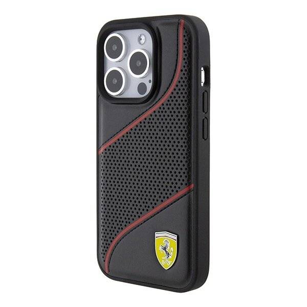 Ferrari Perforated Waves Metal Logo Hülle iPhone 15 Pro – Schwarz