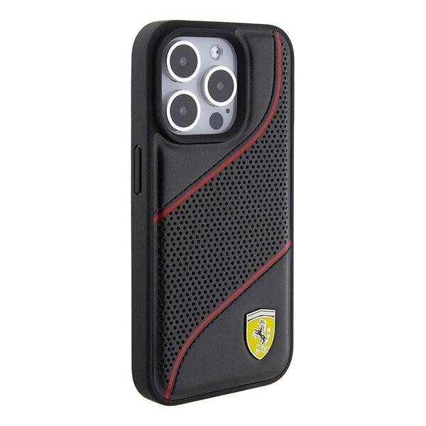 Ferrari Perforated Waves Metal Logo Hülle iPhone 15 Pro – Schwarz