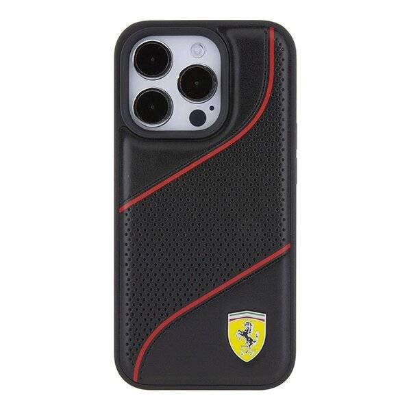 Ferrari Perforated Waves Metal Logo Hülle iPhone 15 Pro – Schwarz