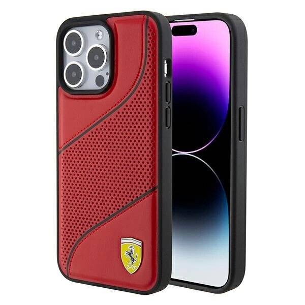 Ferrari Perforated Waves Metal Logo Hülle iPhone 15 Pro – Rot
