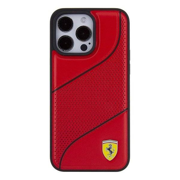 Ferrari Perforated Waves Metal Logo Hülle iPhone 15 Pro – Rot