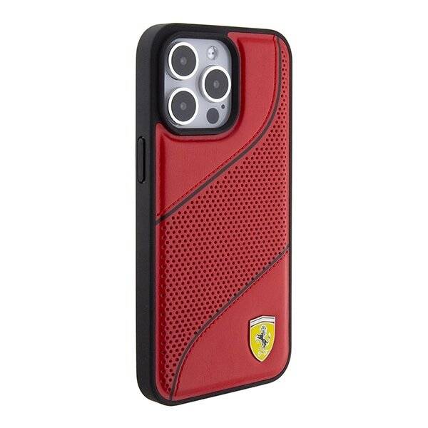 Ferrari Perforated Waves Metal Logo Hülle iPhone 15 Pro – Rot