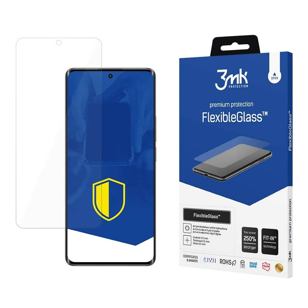 Displayschutzfolie mit Verpackung. Verpackung trägt die Aufschrift „3mk Premium Protection FlexibleGlass