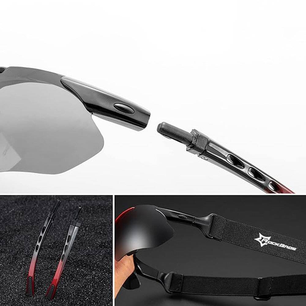 Sonnenbrille mit reflektierenden Gläsern und elegantem schwarz-rotem Rahmen, aus mehreren Blickwinkeln gezeigt, um Design- und Logodetails hervorzuheben.