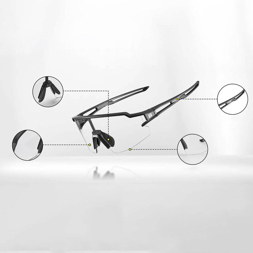 Elegante Sonnenbrille mit schwarzem Rahmen und klaren Gläsern, mit detaillierten Ansichten der Scharniere, Nasenpads und des Rahmendesigns in kreisförmigen Ausschnitten.