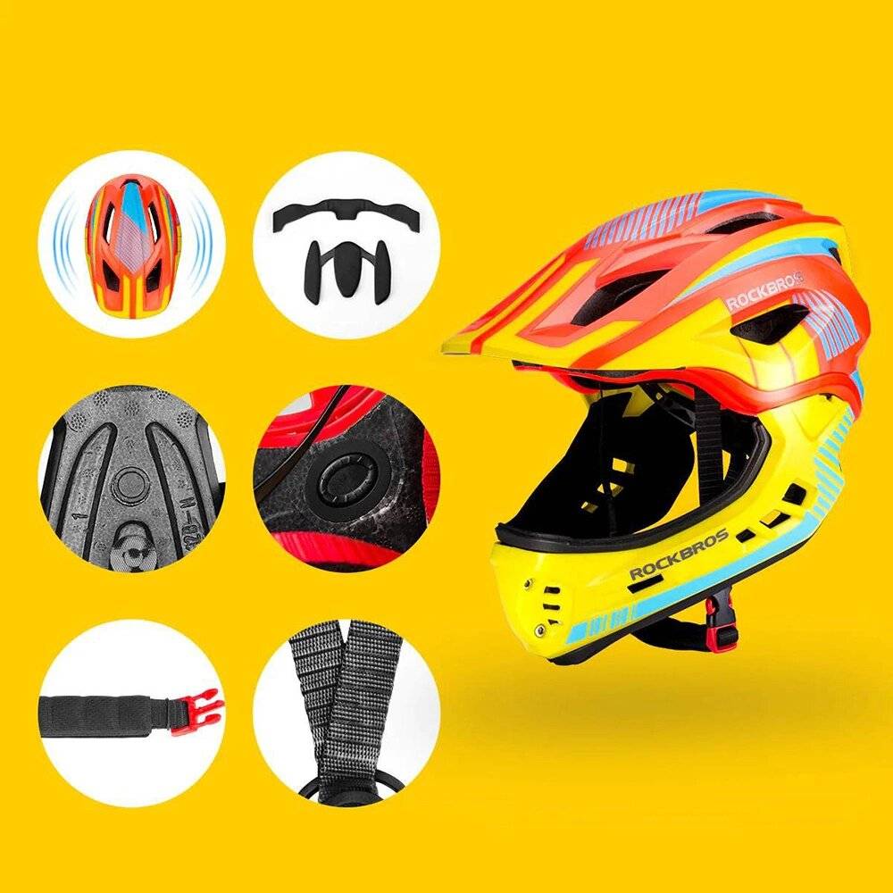 Rockbros TT-32SOYB-M Kinderfahrradhelm abnehmbarem Kinnbügel, Größe M – gelb-orange