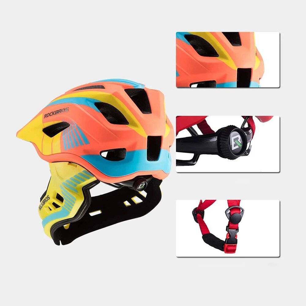 Rockbros TT-32SOYB-M Kinderfahrradhelm abnehmbarem Kinnbügel, Größe M – gelb-orange