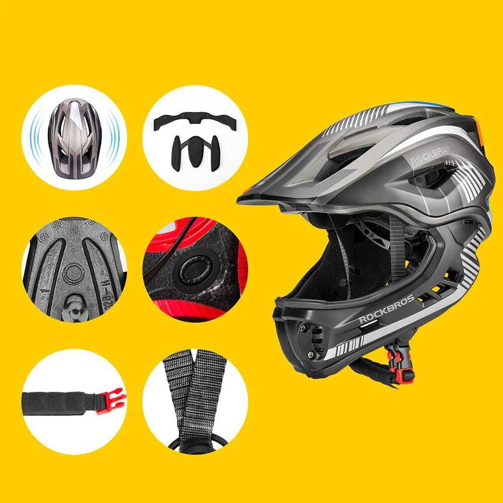 Rockbros TT-32SBTG-M Kinderfahrradhelm abnehmbarem Kinnbügel, Größe M – Grau