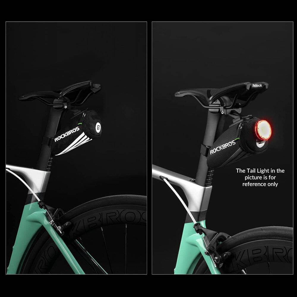 Zwei Fahrräder mit angebrachten RockBros-Taschen und Rücklichtern, eines davon beleuchtet. Der Text vermerkt „Das Rücklicht auf dem Bild dient nur als Referenz