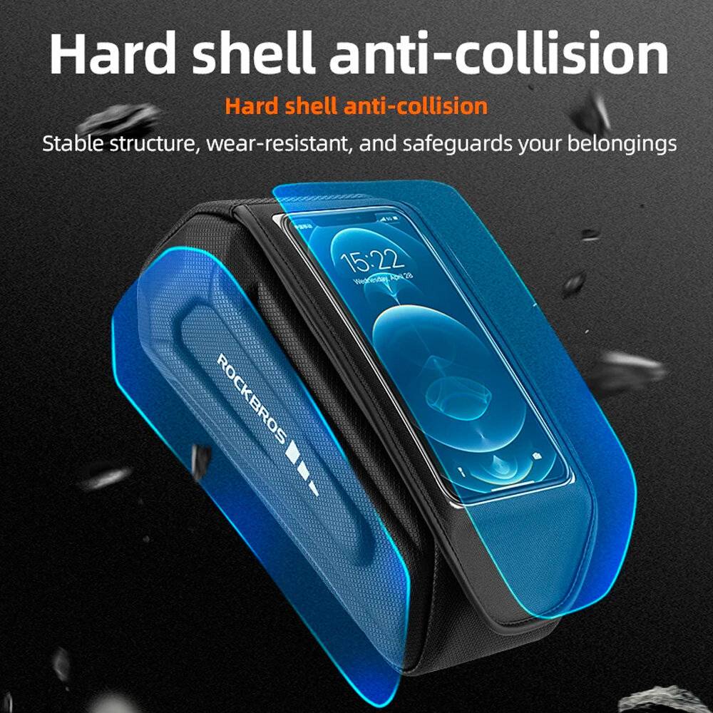 Ein schwarz-blauer harter Hartschalenkoffer mit einem sichtbaren Smartphone im Inneren, betitelt mit 