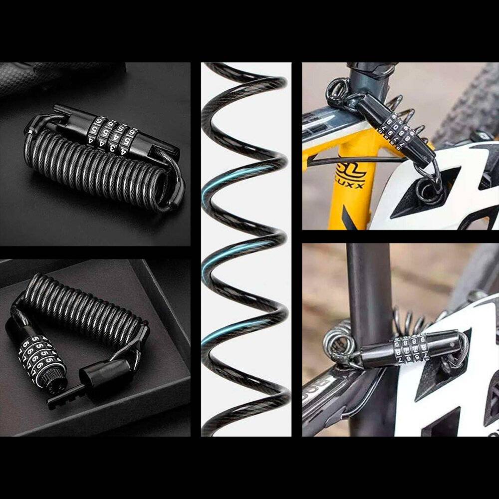 „Collage von Fahrradschlössern: Aufgerolltes schwarzes Kabel mit Zahlenkombinationsschloss, gezeigt in verschiedenen Szenarien und Nahaufnahmen von Schließmechanismen.