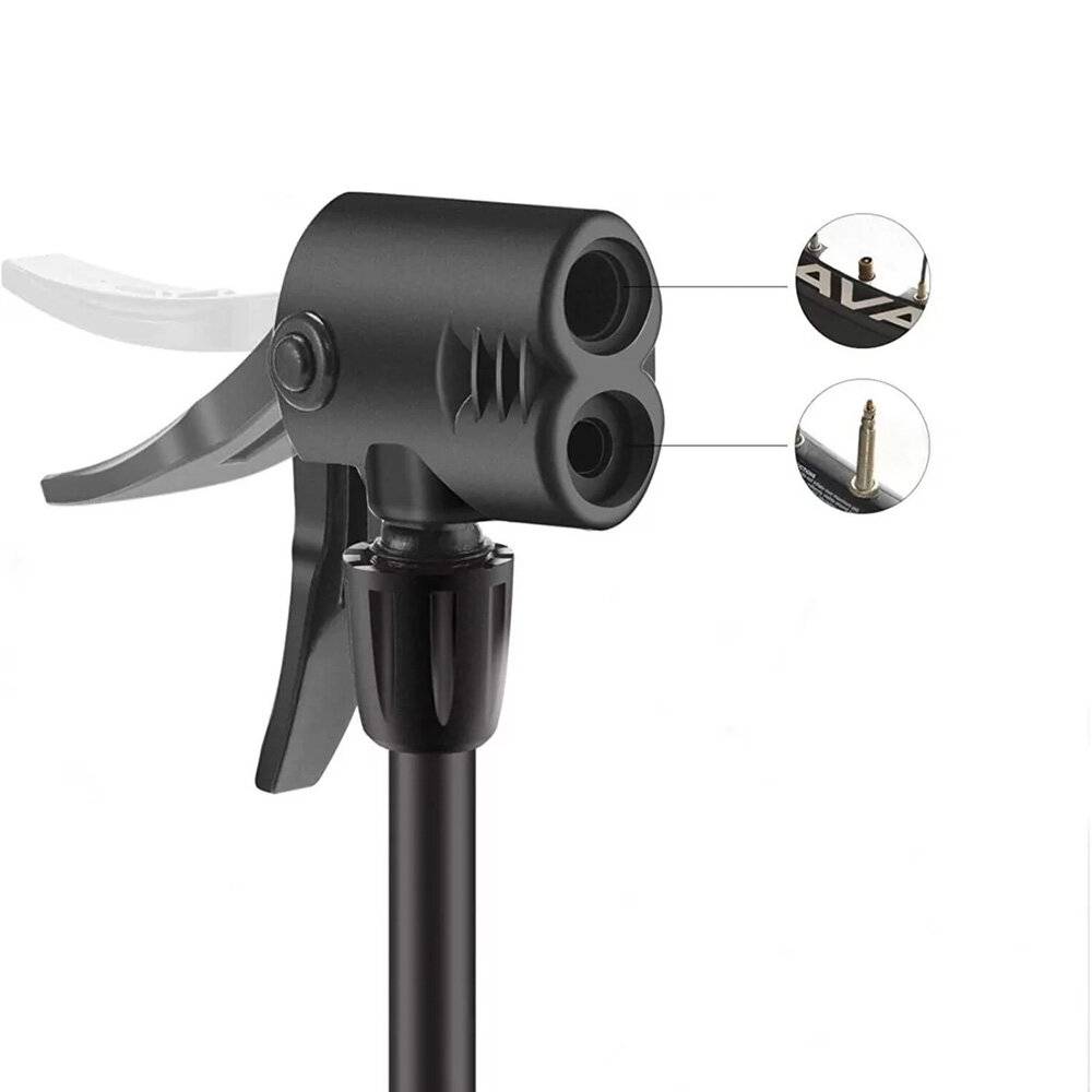 Doppelkopf-Fahrradreifen-Pumpenaufsatz mit vergrößerten Ausschnitten, die die Kompatibilität mit Presta- und Schrader-Ventilen zeigen.