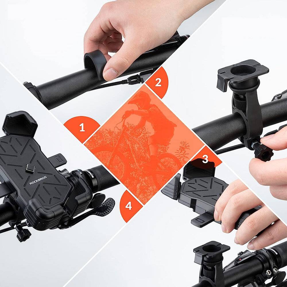 Montageanleitung für eine Fahrrad-Handyhalterung. Schritt 1: Halterung ausrichten, Schritt 2: Klemme befestigen, Schritt 3: Telefonhalter sichern, Schritt 4: Festziehen.