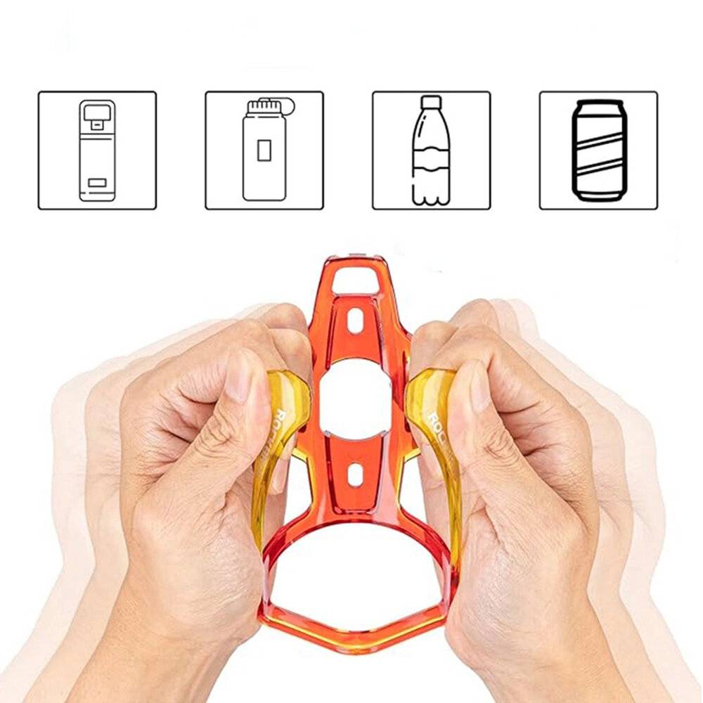 Hände, die einen erweiterbaren orange und gelben Flaschenhalter halten, mit Symbolen verschiedener Getränkebehälter oben, die Vielseitigkeit hervorheben.