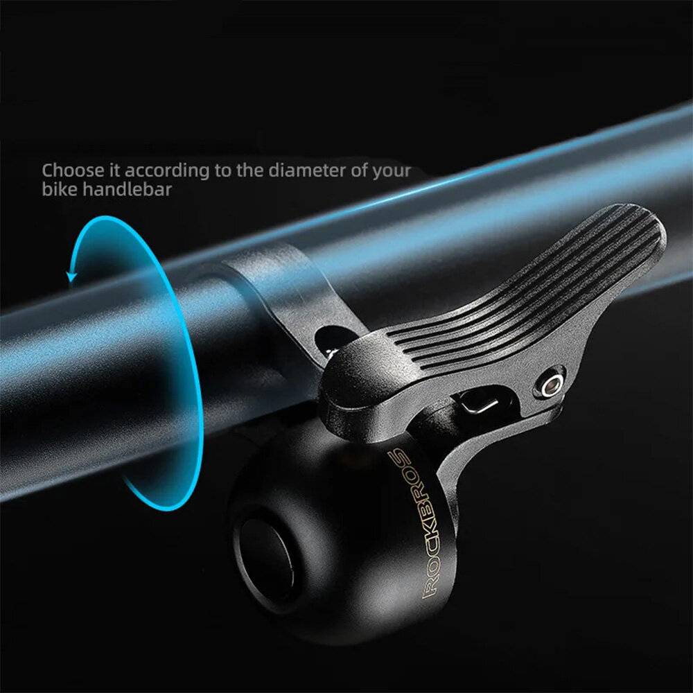 Ein schwarze Fahrradklingel mit modernem Design, das an einem Lenker montiert ist. Der Text empfiehlt, nach dem Durchmesser des Lenkers auszuwählen.