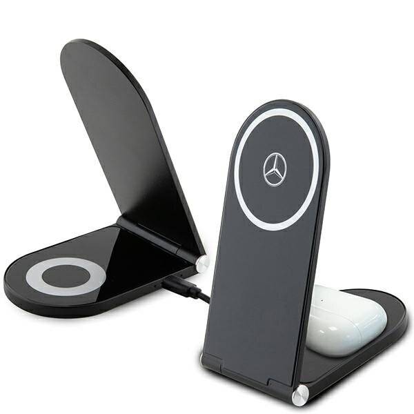 Ein kabelloses Dual-Ladegerät mit je einem Logo auf beiden Seiten. Eine Seite zeigt ein AirPods-Etui, das gerade geladen wird, die andere Seite ist leer.