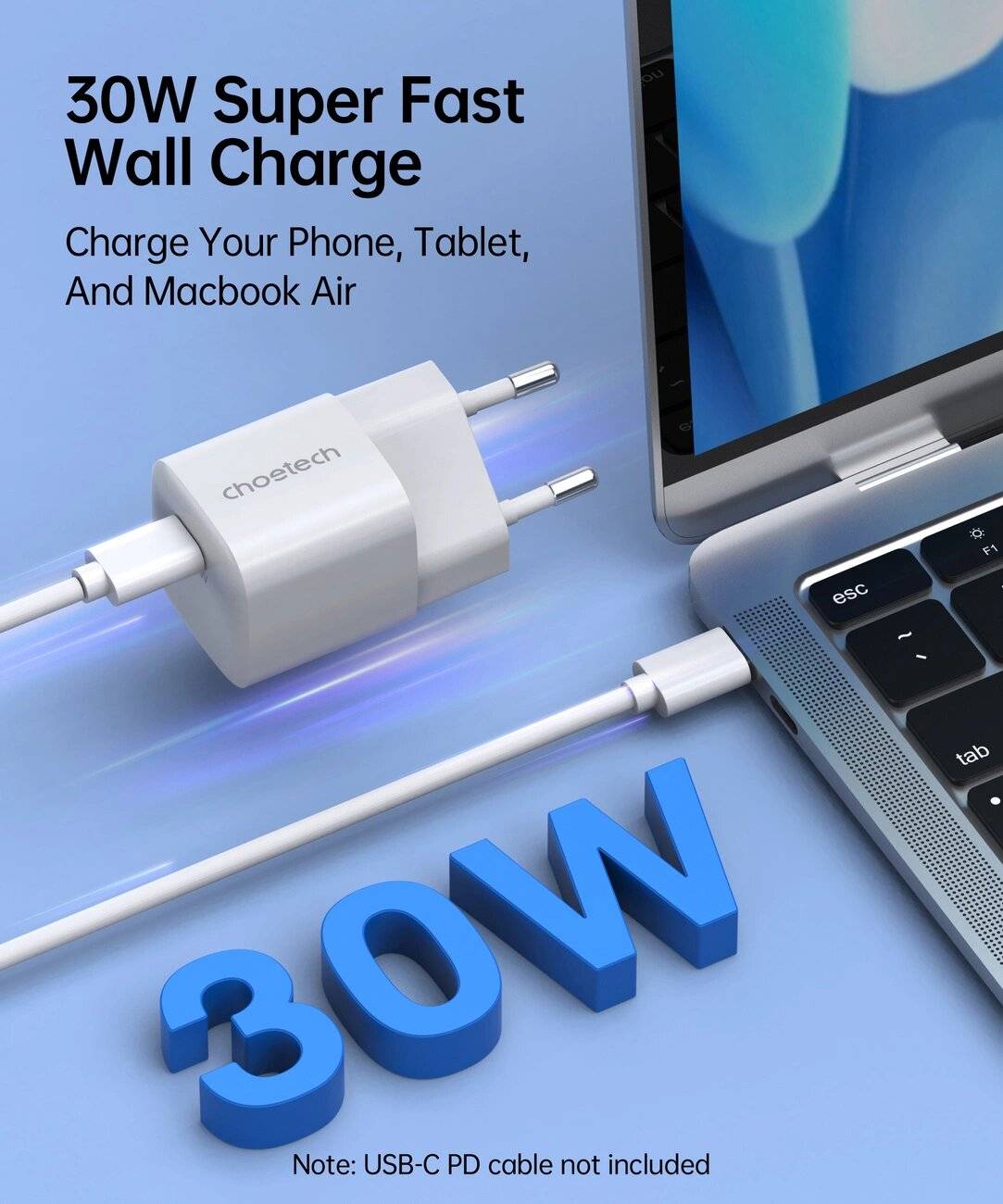 Choetech PD5007 GaN Wandladegerät, USB-C Power Delivery, 30W, Weiß